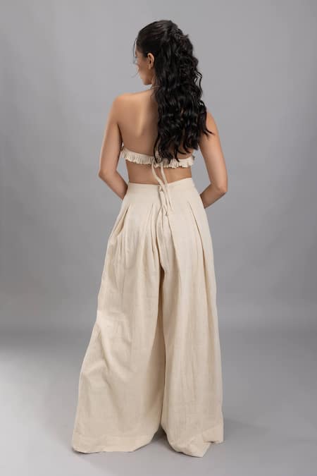 Shop Lavina Sippy Beige Handloom Cotton Box Pleated Wide Legged Pant at Aza Fashions Shop_Lavina Sippy_Beige Handloom Cotton Box Pleated Wide Legged Pant _at_Aza_Fashions