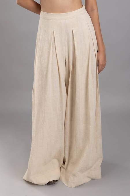 Lavina Sippy Beige Handloom Cotton Box Pleated Wide Legged Pant Online at Aza Fashions Lavina Sippy_Beige Handloom Cotton Box Pleated Wide Legged Pant _Online_at_Aza_Fashions