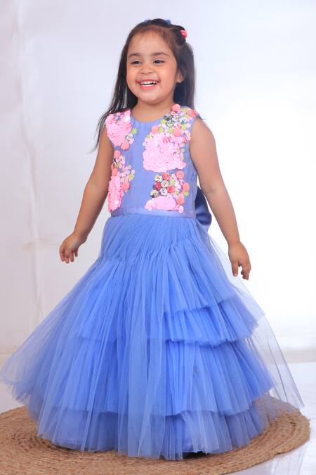 Turqidz By Shweta Aggarwal Blue Satin, Linen, Silk Sequins, Fabric Flowers 3d Applique Embroidered Gown Online at Aza Fashions Turqidz By Shweta Aggarwal_Blue Satin, Linen, Silk Sequins, Fabric Flowers 3d Applique Embroidered Gown _Online_at_Aza_Fashions