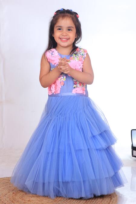 Shop Turqidz By Shweta Aggarwal Blue Satin, Linen, Silk Sequins, Fabric Flowers 3d Applique Embroidered Gown Online at Aza Fashions Shop_Turqidz By Shweta Aggarwal_Blue Satin, Linen, Silk Sequins, Fabric Flowers 3d Applique Embroidered Gown _Online_at_Aza_Fashions