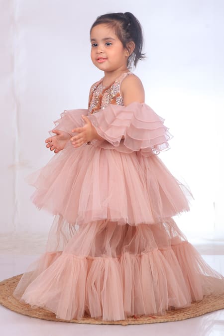 Shop Turqidz By Shweta Aggarwal Pink Organza, Tulle Sequins, Beads Embroidered Yoke Ruffle Gown Online at Aza Fashions Shop_Turqidz By Shweta Aggarwal_Pink Organza, Tulle Sequins, Beads Embroidered Yoke Ruffle Gown _Online_at_Aza_Fashions