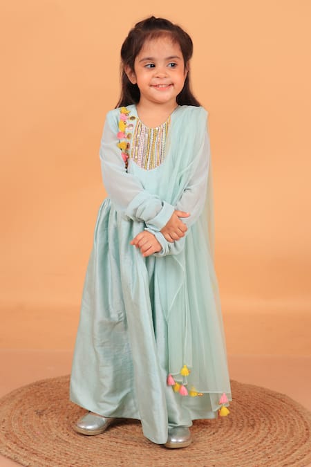 Shop Turqidz By Shweta Aggarwal Green Georgette, Denim, Silk, Net Embroidered Yoke Anarkali With Dupatta at Aza Fashions Shop_Turqidz By Shweta Aggarwal_Green Georgette, Denim, Silk, Net Embroidered Yoke Anarkali With Dupatta _at_Aza_Fashions