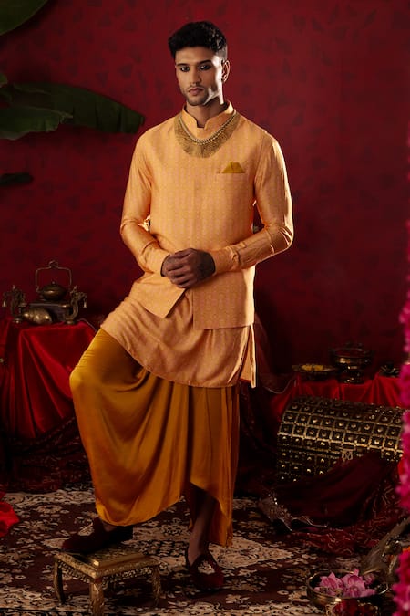 Pooja Bagaria_Gold Silk, Cotton Embroidery Ajrakh Print Kurta And Draped Dhoti Pant _Online_at_Aza_Fashions