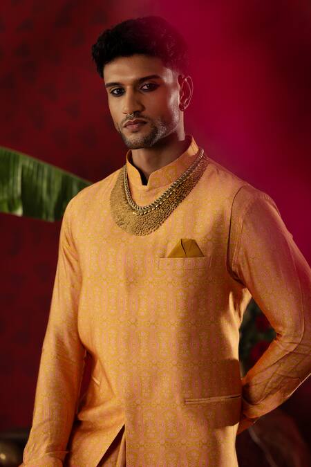 Buy_Pooja Bagaria_Gold Silk, Cotton Embroidery Ajrakh Print Kurta And Draped Dhoti Pant _Online_at_Aza_Fashions