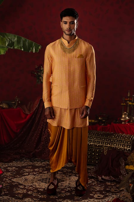 Shop_Pooja Bagaria_Gold Silk, Cotton Embroidery Ajrakh Print Kurta And Draped Dhoti Pant _Online_at_Aza_Fashions