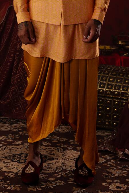 Pooja Bagaria_Gold Silk, Cotton Embroidery Ajrakh Print Kurta And Draped Dhoti Pant _at_Aza_Fashions