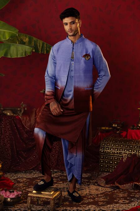 Pooja Bagaria_Blue Silk Ombre Kurta Set With Draped Dhoti Pant_at_Aza_Fashions