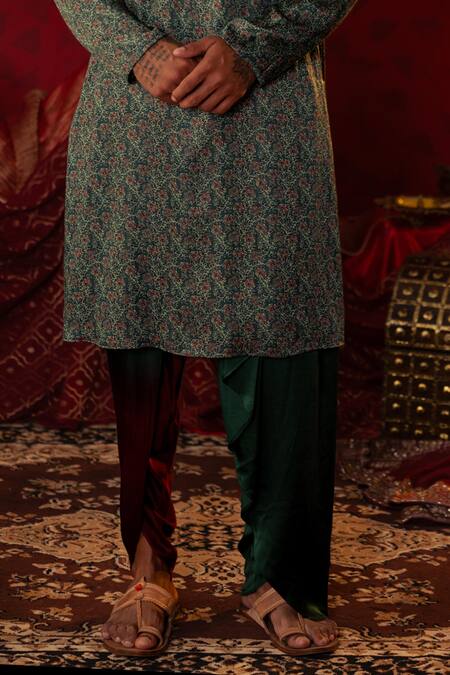 Pooja Bagaria Green Silk, Cotton Embroidery Ajrakh Print Kurta And Draped Dhoti Pant Online at Aza Fashions Pooja Bagaria_Green Silk, Cotton Embroidery Ajrakh Print Kurta And Draped Dhoti Pant _Online_at_Aza_Fashions