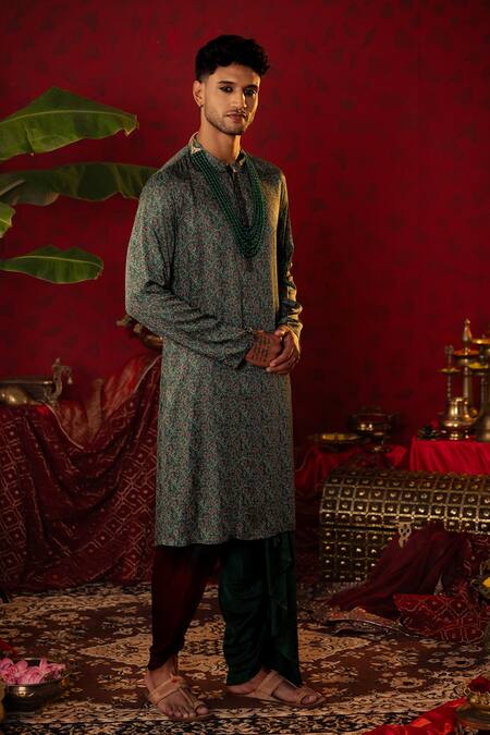 Buy Pooja Bagaria Green Silk, Cotton Embroidery Ajrakh Print Kurta And Draped Dhoti Pant Online at Aza Fashions Buy_Pooja Bagaria_Green Silk, Cotton Embroidery Ajrakh Print Kurta And Draped Dhoti Pant _Online_at_Aza_Fashions