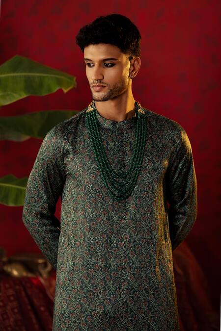 Shop Pooja Bagaria Green Silk, Cotton Embroidery Ajrakh Print Kurta And Draped Dhoti Pant Online at Aza Fashions Shop_Pooja Bagaria_Green Silk, Cotton Embroidery Ajrakh Print Kurta And Draped Dhoti Pant _Online_at_Aza_Fashions