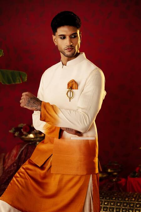 Pooja Bagaria_Off White Silk Ombre Kurta Set With Draped Dhoti Pant_Online_at_Aza_Fashions