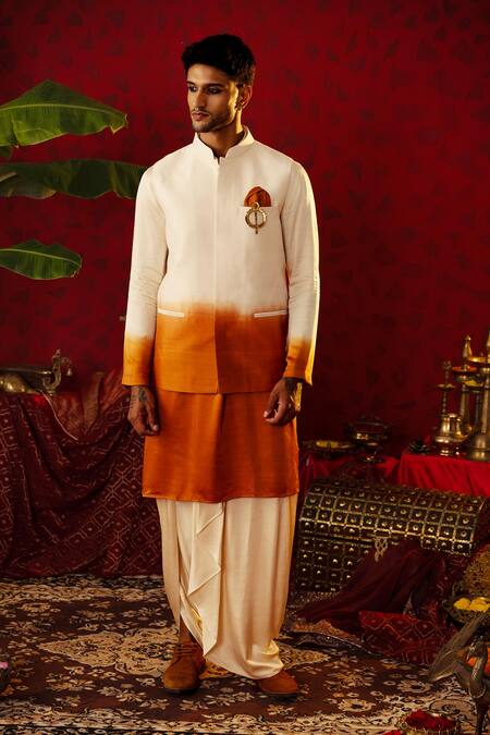 Buy_Pooja Bagaria_Off White Silk Ombre Kurta Set With Draped Dhoti Pant_Online_at_Aza_Fashions