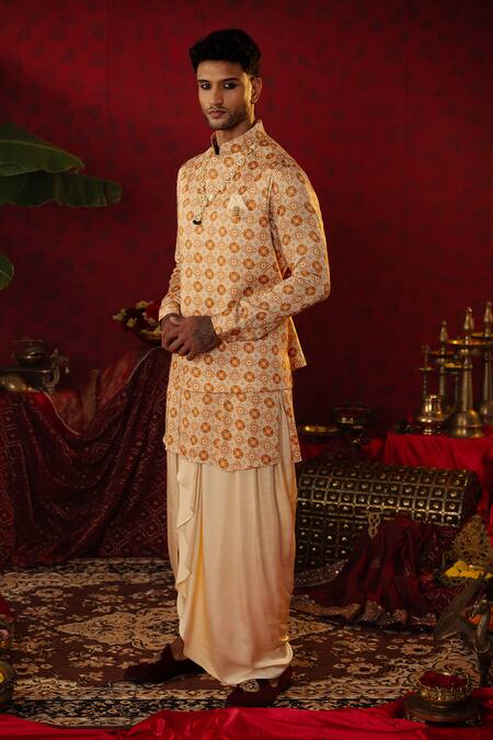 Buy_Pooja Bagaria_Beige Silk, Cotton Embroidery Geometric Bloom Print Bundi Kurta Set _Online_at_Aza_Fashions