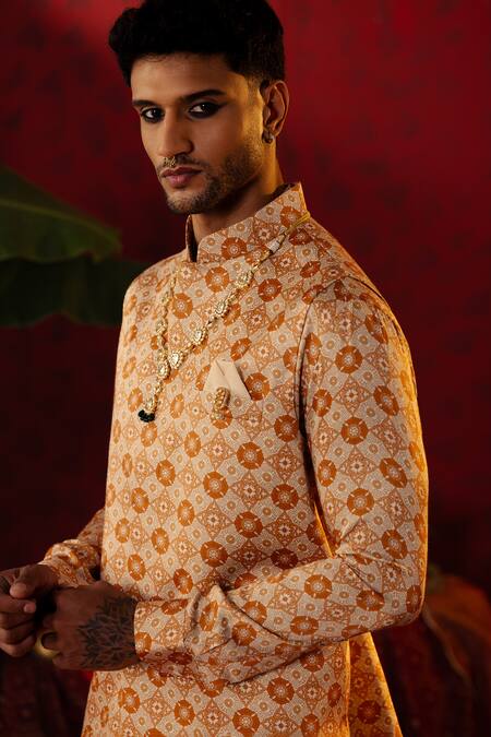 Shop_Pooja Bagaria_Beige Silk, Cotton Embroidery Geometric Bloom Print Bundi Kurta Set _Online_at_Aza_Fashions