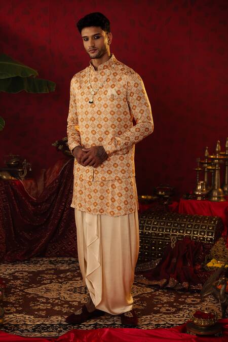 Pooja Bagaria_Beige Silk, Cotton Geometric Bloom Print Kurta And Dhoti Pant _Online_at_Aza_Fashions