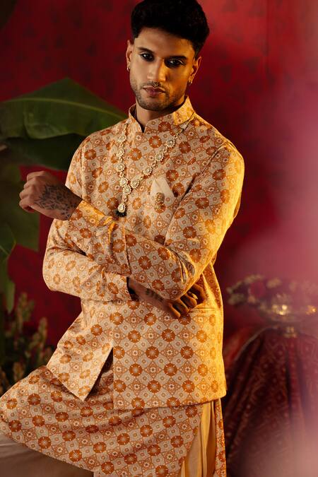 Buy_Pooja Bagaria_Beige Silk, Cotton Geometric Bloom Print Kurta And Dhoti Pant _Online_at_Aza_Fashions