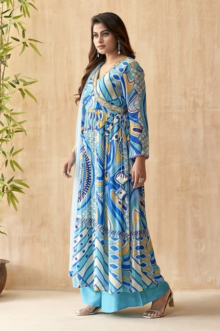 Seams Pret And Couture_Blue Net, Georgette Mirrors, Zari Abstract Print Anarkali Set With Dupatta _Online_at_Aza_Fashions