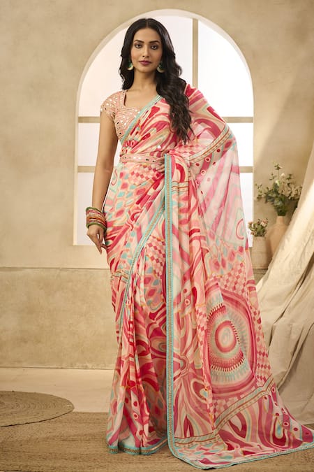 Seams Pret And Couture Falak Printed Pre-Draped Saree With Blouse 