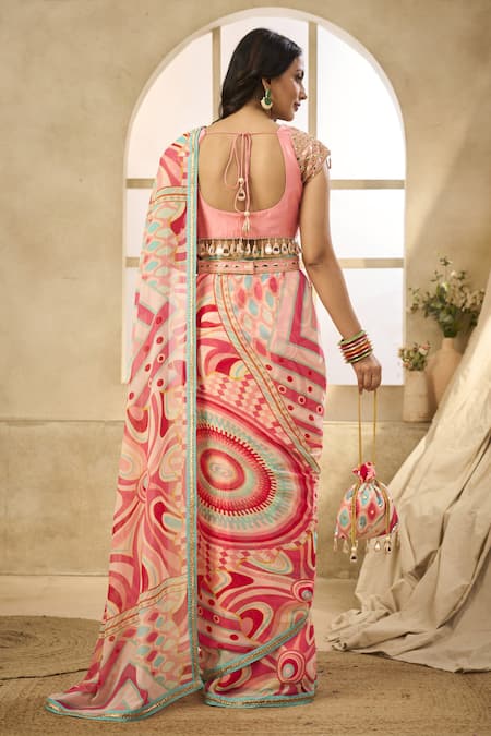 Seams Pret And Couture Candy Pink Printed Pre-Draped Saree Set 