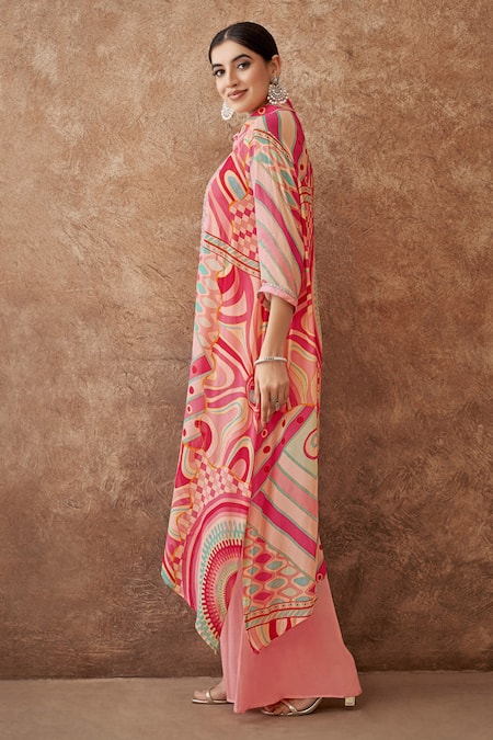 Seams Pret And Couture_Pink Georgette, Silk, Cotton Mirrors, Embroidery Abstract Print Kurta Set _Online_at_Aza_Fashions