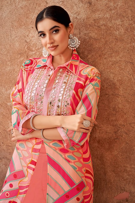 Shop_Seams Pret And Couture_Pink Georgette, Silk, Cotton Mirrors, Embroidery Abstract Print Kurta Set _Online_at_Aza_Fashions