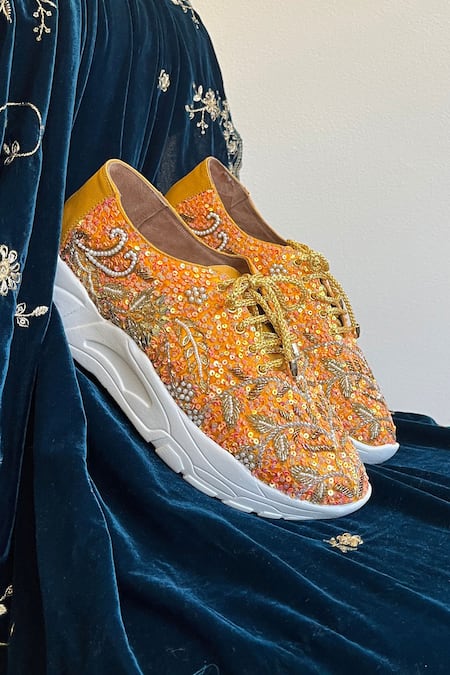 Zori World_Orange Embellished Sneakers _Online_at_Aza_Fashions