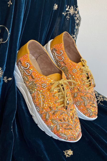 Buy_Zori World_Orange Embellished Sneakers _Online_at_Aza_Fashions
