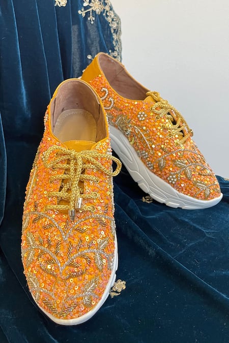 Shop_Zori World_Orange Embellished Sneakers _Online_at_Aza_Fashions