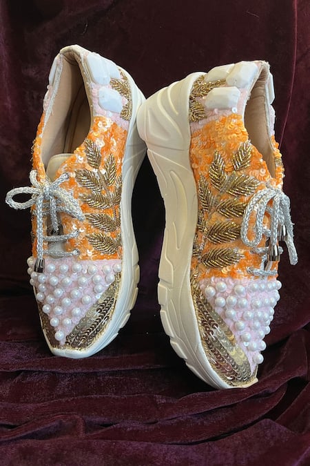 Zori World_Pink Pearl Embellished Colour Block Sneakers _Online_at_Aza_Fashions