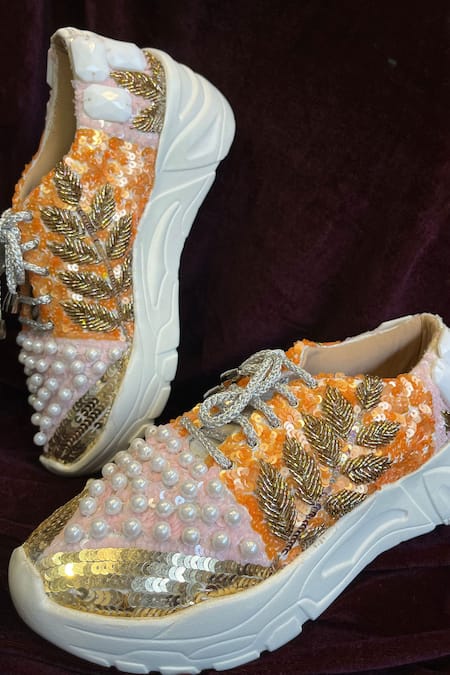 Buy_Zori World_Pink Pearl Embellished Colour Block Sneakers _Online_at_Aza_Fashions