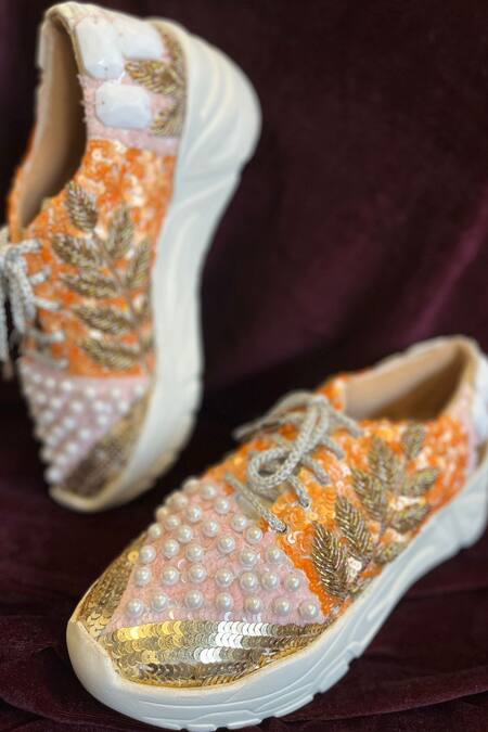 Shop_Zori World_Pink Pearl Embellished Colour Block Sneakers _Online_at_Aza_Fashions