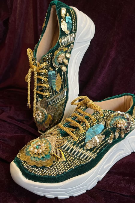 Zori World_Green Floral Sequin Embellished Sneakers _Online_at_Aza_Fashions