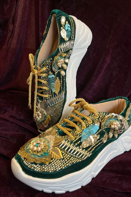 Buy_Zori World_Green Floral Sequin Embellished Sneakers _Online_at_Aza_Fashions