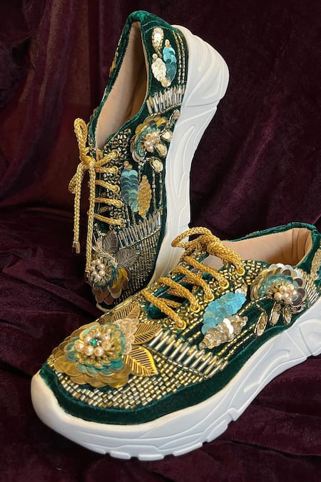 Shop_Zori World_Green Floral Sequin Embellished Sneakers _Online_at_Aza_Fashions