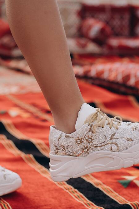 Buy White Sequin Floral Embellished Sneakers by ZORI WORLD