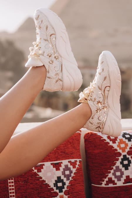 Shop_Zori World_White Floral Sequin Embellished Sneakers _Online_at_Aza_Fashions