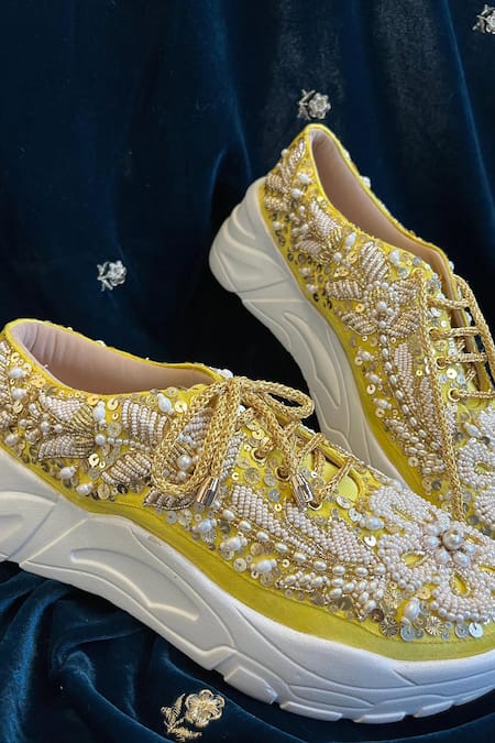 Zori World Yellow Pearl Zardozi Embroidered Sneakers 