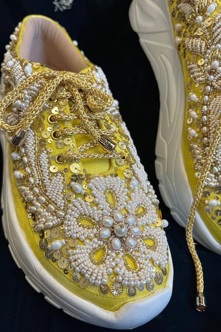 Zori World_Yellow Pearl Zardozi Embroidered Sneakers _Online_at_Aza_Fashions