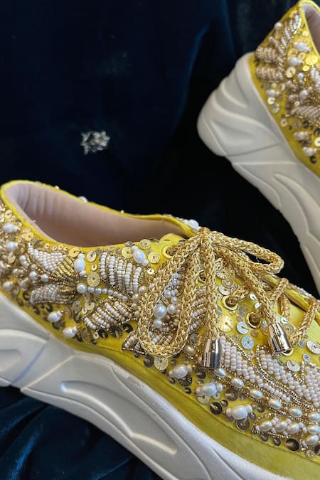 Buy_Zori World_Yellow Pearl Zardozi Embroidered Sneakers _Online_at_Aza_Fashions