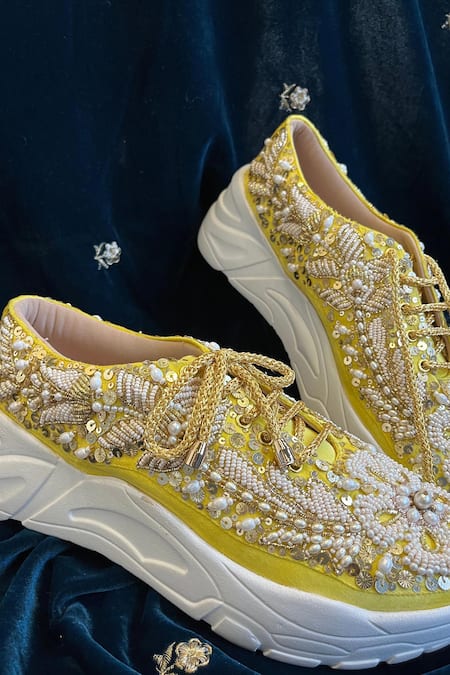 Shop_Zori World_Yellow Pearl Zardozi Embroidered Sneakers _Online_at_Aza_Fashions