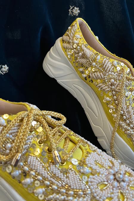 Zori World_Yellow Pearl Zardozi Embroidered Sneakers _at_Aza_Fashions