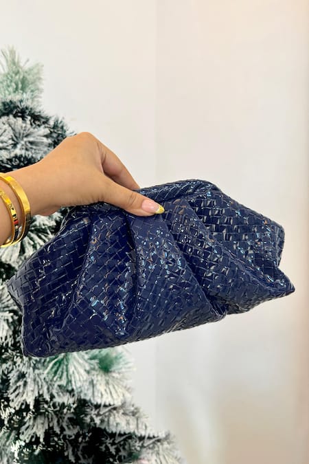 Boxwish By Bhumika Intercciato Weave Blue Soft Pouch Clutch 