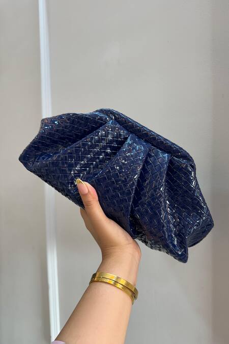 Boxwish By Bhumika_Blue Intercciato Weave Soft Pouch Clutch _Online_at_Aza_Fashions