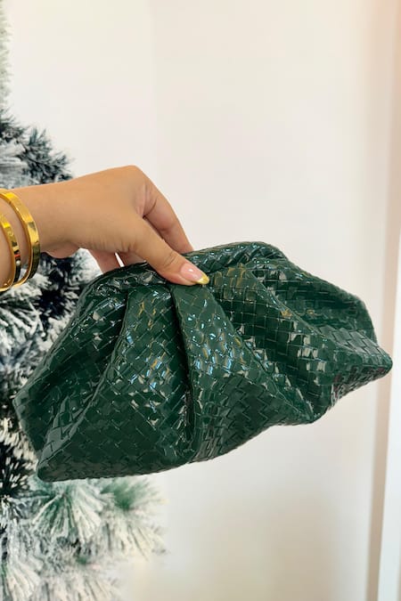 Boxwish By Bhumika Intercciato Weave Green Pouch Clutch 