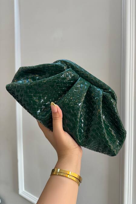 Boxwish By Bhumika_Green Intercciato Weave Pouch Clutch _Online_at_Aza_Fashions