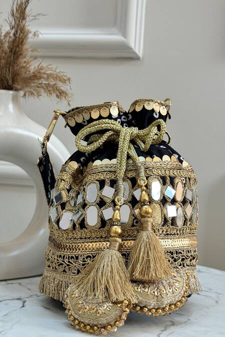 Boxwish By Bhumika_Black Mirrors, Sequins, Zari Bandhani Potli With Embroidery _Online_at_Aza_Fashions