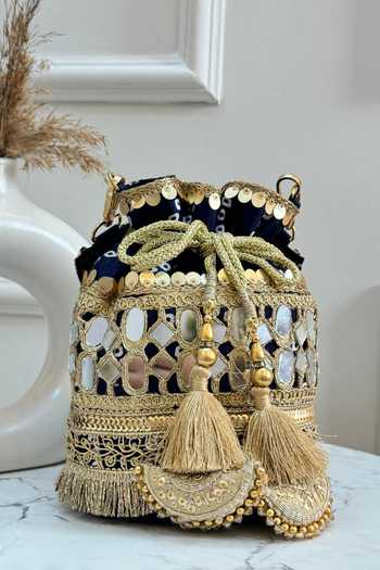 Boxwish By Bhumika_Blue Mirrors, Sequins, Zari, Bows, Cut Work Bandhani Mirrorwork Potli Bag _Online_at_Aza_Fashions