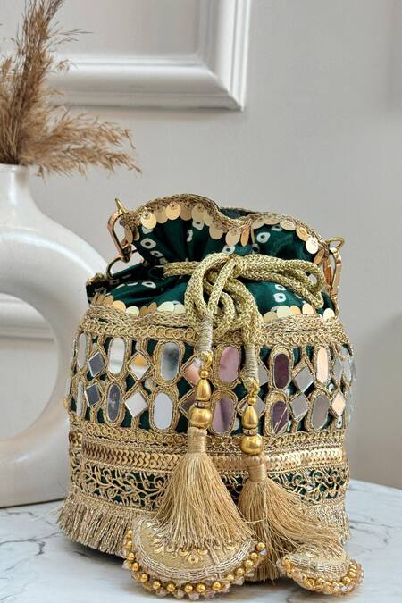 Boxwish By Bhumika_Green Mirrors, Sequins, Zari Bandhani Embroidered Potli _Online_at_Aza_Fashions