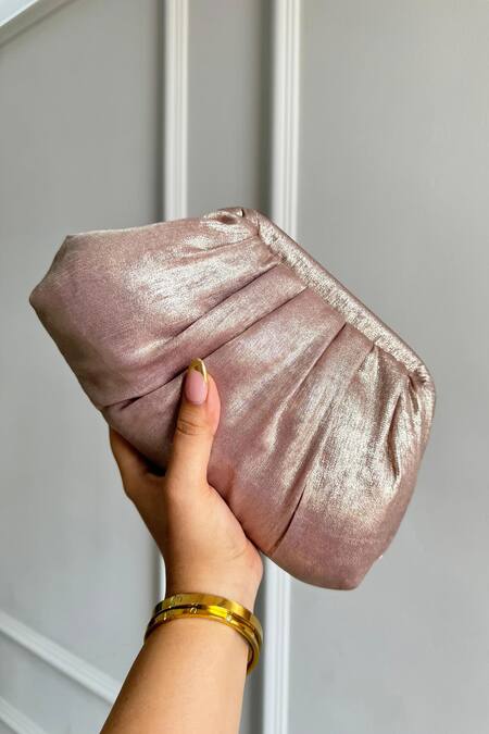Shop Boxwish By Bhumika Rose Gold Metallic Pleated Handbag at Aza Fashions Shop_Boxwish By Bhumika_Rose Gold Metallic Pleated Handbag _at_Aza_Fashions