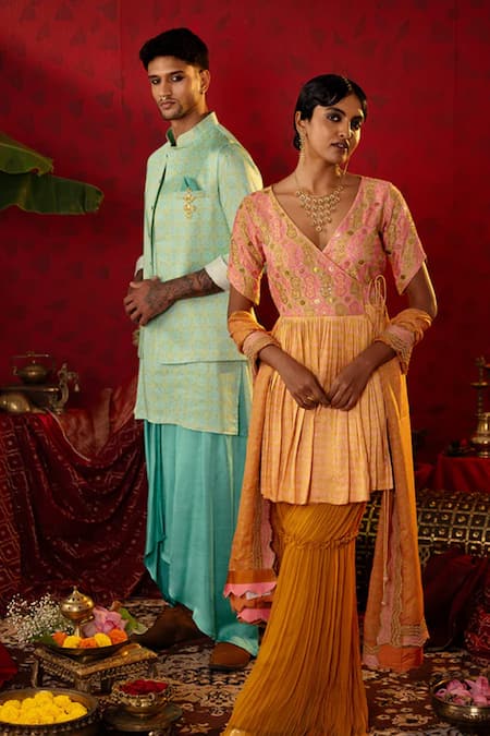 Pooja Bagaria Geometric Blossom Print Bundi Kurta Set 